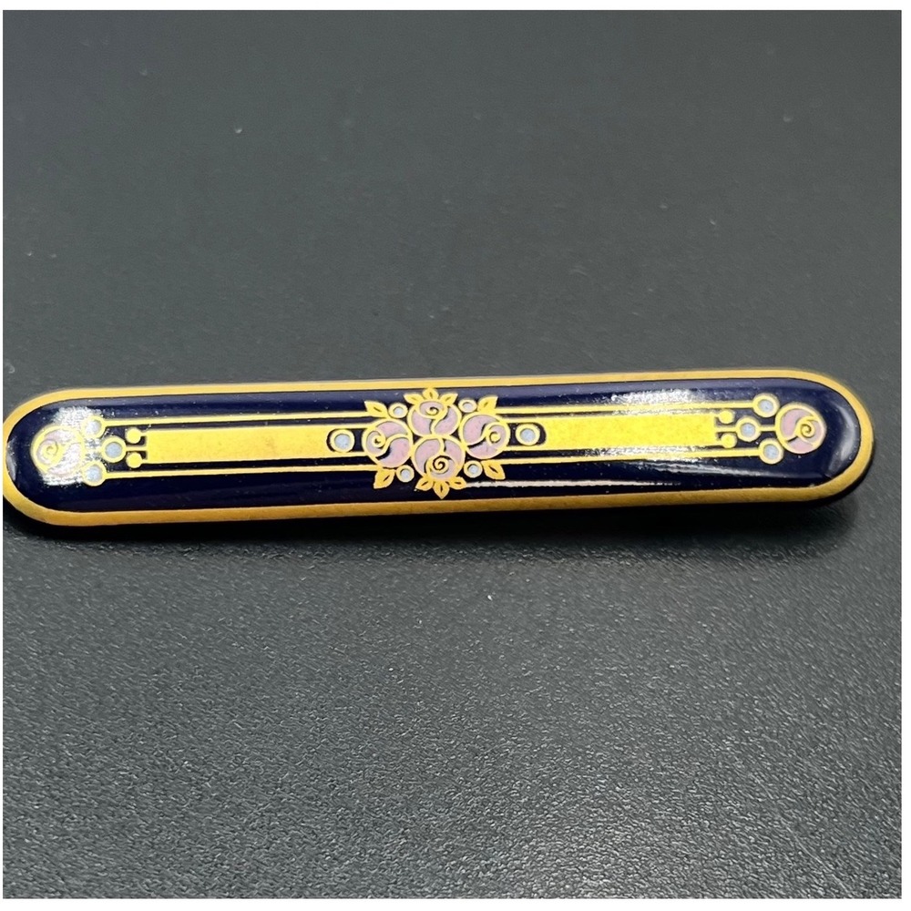 Michaela Frey Vintage Brooch‎ Bar Shape Black White Gold Plated Enamel Floral